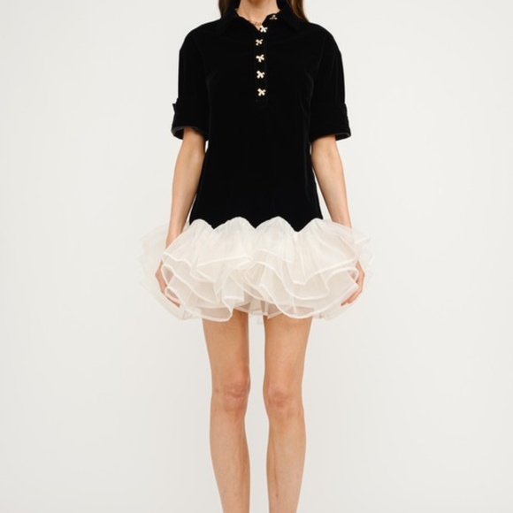 Velvet Mini Dress with Ruffles - Picture 1 of 8